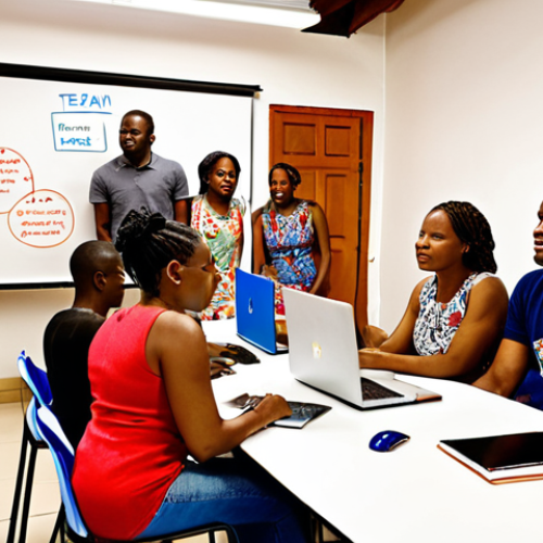 Home 4 **
A diverse group of Haitian entrepreneurs participating in a vibrant business incubator program, focusing on mentorship and skills training. Depict a workshop setting with laptops, whiteboards, and a mentor guiding a startup team. Include elements representing microfinance access and crowdfunding initiatives within the Haitian context, with traditional Haitian art and colors subtly integrated.
**