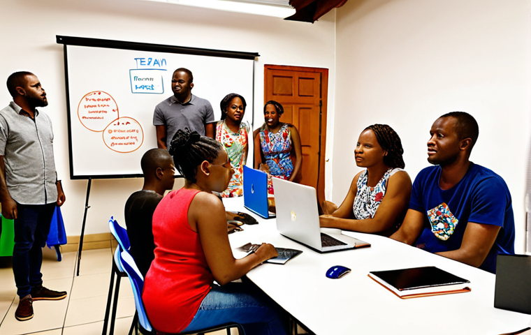 **
A diverse group of Haitian entrepreneurs participating in a vibrant business incubator program, focusing on mentorship and skills training. Depict a workshop setting with laptops, whiteboards, and a mentor guiding a startup team. Include elements representing microfinance access and crowdfunding initiatives within the Haitian context, with traditional Haitian art and colors subtly integrated.
**