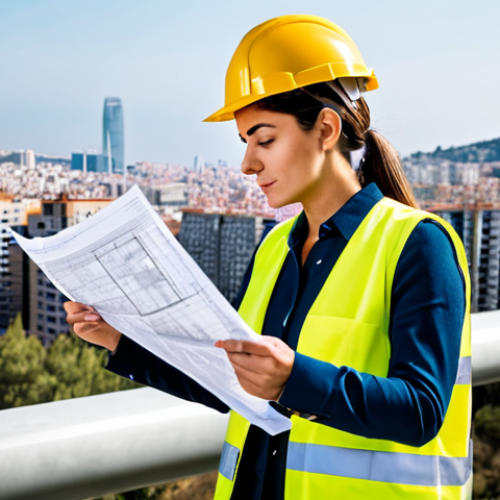 **

"A professional architect, fully clothed in modest attire, reviewing blueprints on a construction site in Barcelona, Spain.  She is wearing a hard hat and safety vest.  Modern buildings are visible in the background.  Safe for work, appropriate content, perfect anatomy, correct proportions, natural pose, professional photography, high quality, well-formed hands, proper finger count, natural body proportions."

**