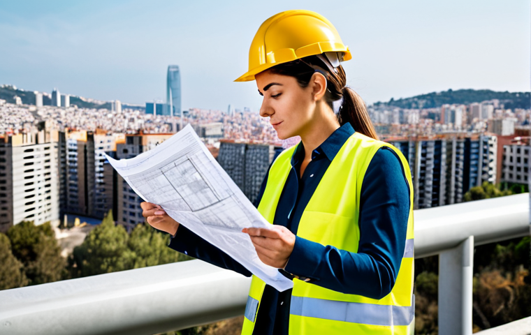**

"A professional architect, fully clothed in modest attire, reviewing blueprints on a construction site in Barcelona, Spain.  She is wearing a hard hat and safety vest.  Modern buildings are visible in the background.  Safe for work, appropriate content, perfect anatomy, correct proportions, natural pose, professional photography, high quality, well-formed hands, proper finger count, natural body proportions."

**