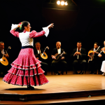 Flamenco Dancer**

"A fully clothed flamenco dancer in a vibrant, traditional Andalusian dress with ruffles, performing on a wooden stage. The background is a dimly lit tablao with blurred figures of musicians and audience. The dancer is mid-motion, showcasing the passion and energy of flamenco. Appropriate attire, safe for work, perfect anatomy, natural proportions, professional photography, high quality, family-friendly."

**