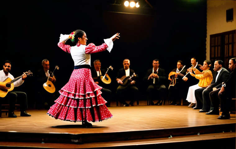 Flamenco Dancer**

"A fully clothed flamenco dancer in a vibrant, traditional Andalusian dress with ruffles, performing on a wooden stage. The background is a dimly lit tablao with blurred figures of musicians and audience. The dancer is mid-motion, showcasing the passion and energy of flamenco. Appropriate attire, safe for work, perfect anatomy, natural proportions, professional photography, high quality, family-friendly."

**