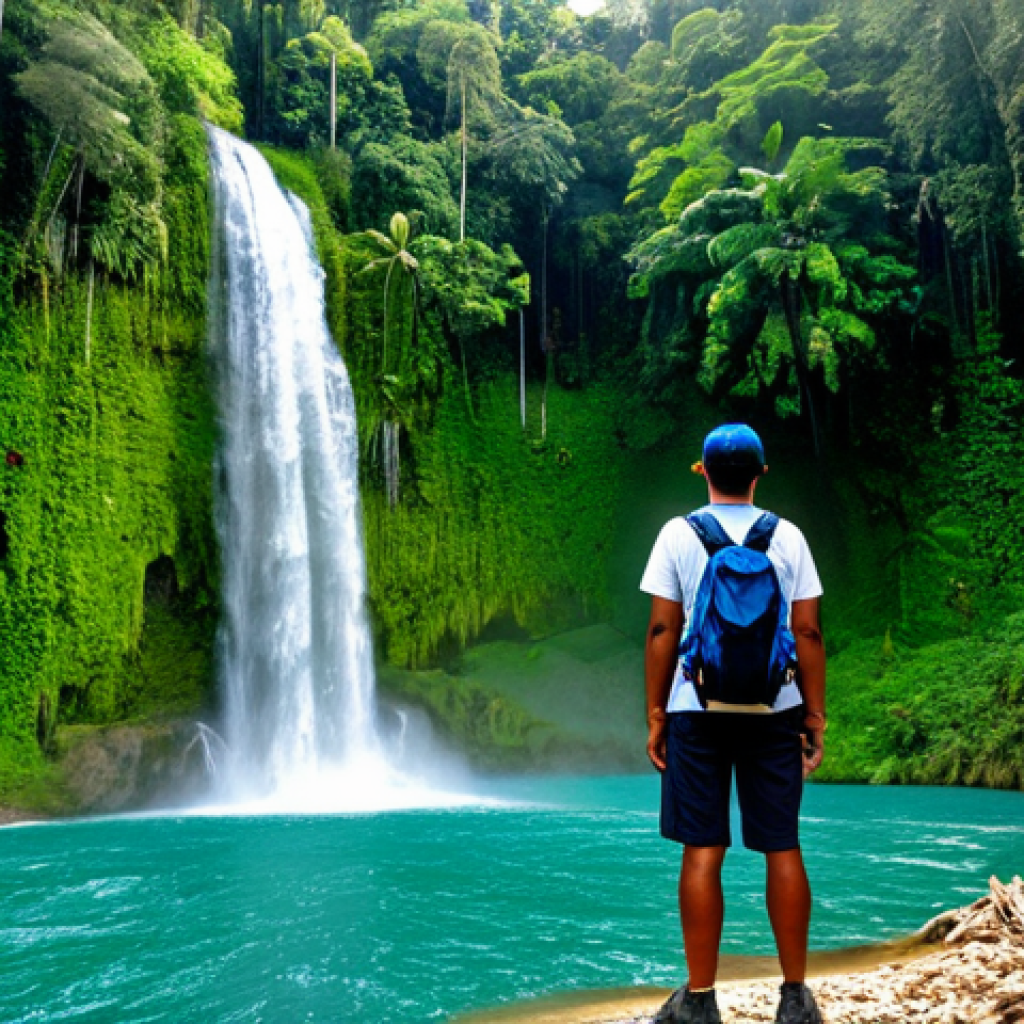아이티에서 경험할 수 있는 자연 체험 활동 - "A traveler, fully clothed in hiking gear, stands in awe before the El Limon waterfall in Samana, Do...