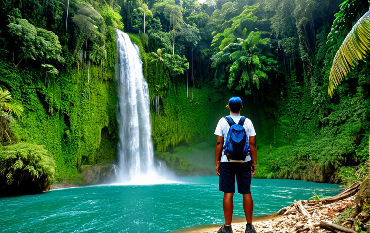 아이티에서 경험할 수 있는 자연 체험 활동 - "A traveler, fully clothed in hiking gear, stands in awe before the El Limon waterfall in Samana, Do...