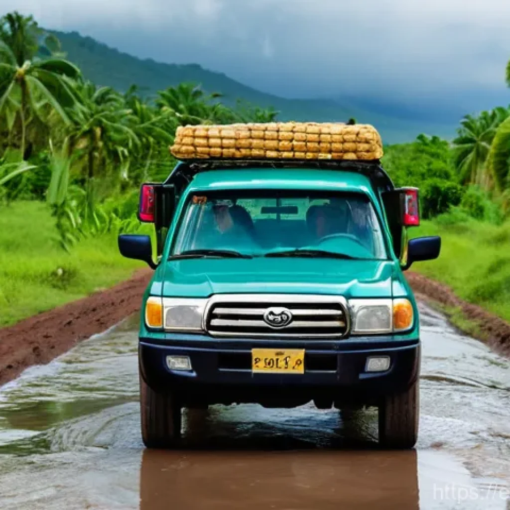아이티에서 렌터카 이용 시 주의점 - **A Robust 4x4 on a Haitian Rural Road**
    A wide-angle shot of a modern, rugged 4x4 SUV, like a d...