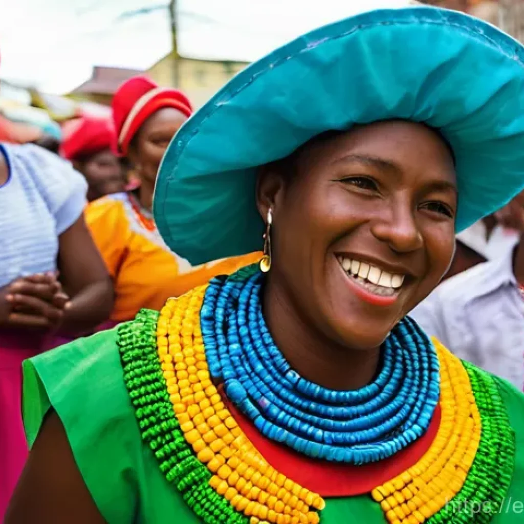 아이티에서 듣기 좋은 전통 음악 플레이리스트 - **Vibrant Haitian Street Festival of Music and Dance:** A lively, sun-drenched street scene in a bus...