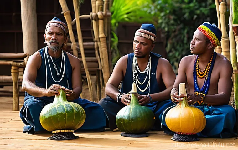 아이티에서 듣기 좋은 전통 음악 플레이리스트 - **Vibrant Haitian Street Festival of Music and Dance:** A lively, sun-drenched street scene in a bus...