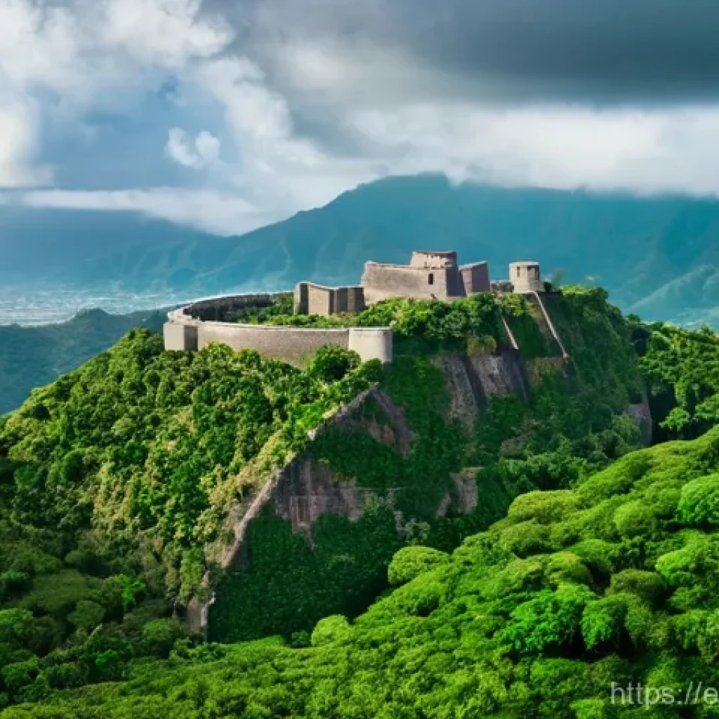 아이티 지역별 여행 추천 코스 - **Prompt:** A majestic, wide-angle shot of the Citadelle Laferrière, a colossal stone fortress domin...
