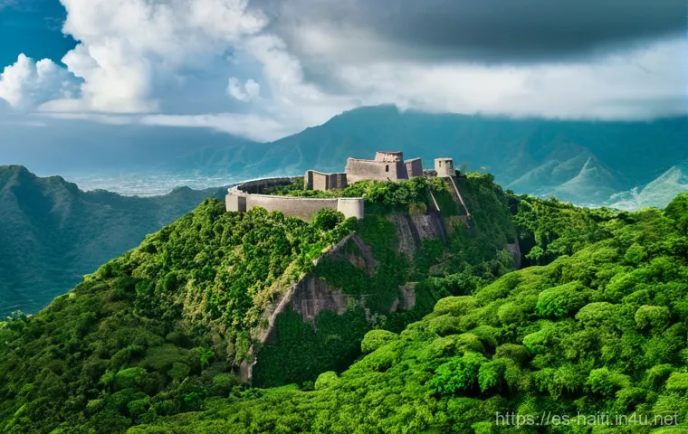 아이티 지역별 여행 추천 코스 - **Prompt:** A majestic, wide-angle shot of the Citadelle Laferrière, a colossal stone fortress domin...
