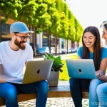 아이티 이민과 해외 거주 커뮤니티 - **Prompt:** A young, diverse group of digital nomads, casually dressed in stylish yet modest everyda...