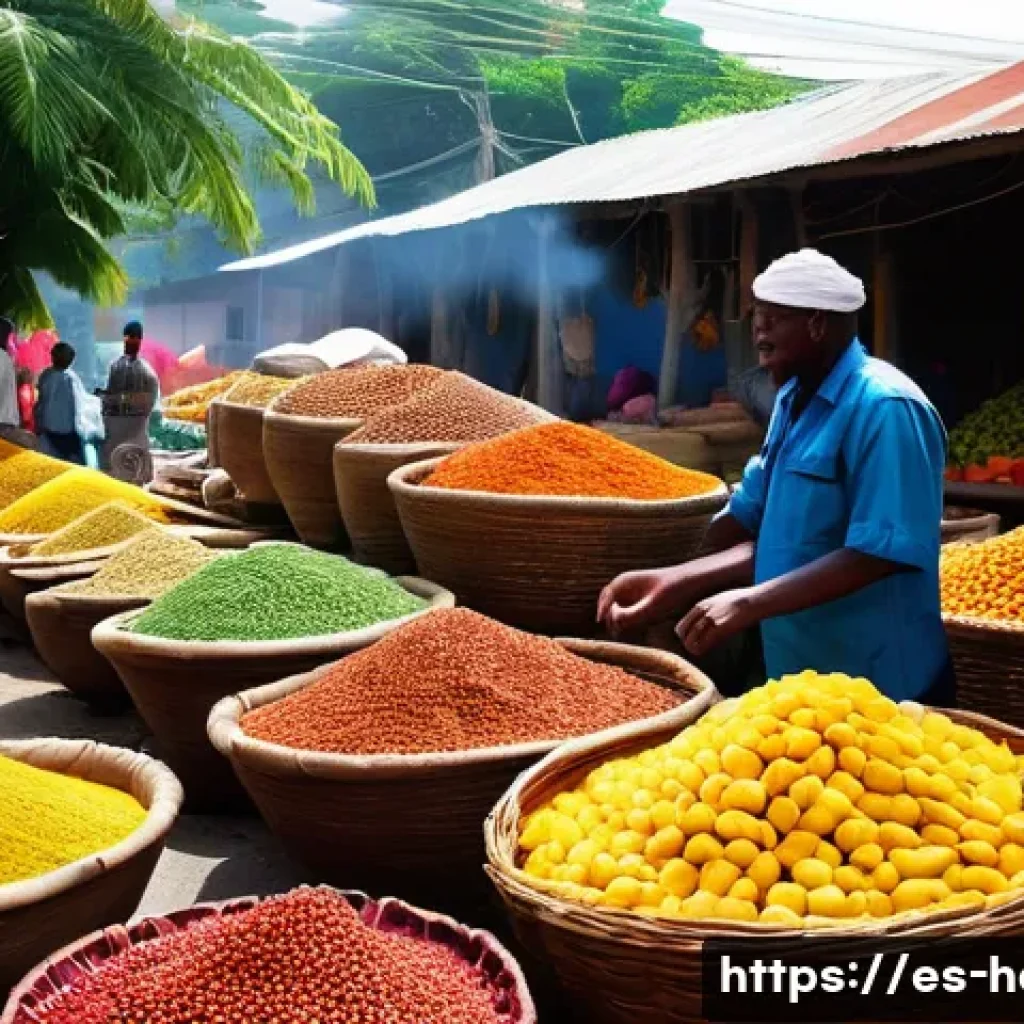 아이티의 대표적인 음식과 전통 요리 - **Prompt:** A vibrant, bustling Haitian market scene under a bright tropical sun. Stalls are overflo...