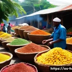 아이티의 대표적인 음식과 전통 요리 - **Prompt:** A vibrant, bustling Haitian market scene under a bright tropical sun. Stalls are overflo...