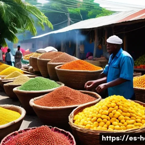 Home 32 아이티의 대표적인 음식과 전통 요리 - **Prompt:** A vibrant, bustling Haitian market scene under a bright tropical sun. Stalls are overflo...