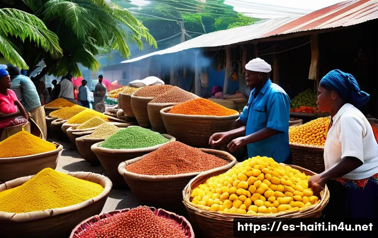 아이티의 대표적인 음식과 전통 요리 - **Prompt:** A vibrant, bustling Haitian market scene under a bright tropical sun. Stalls are overflo...