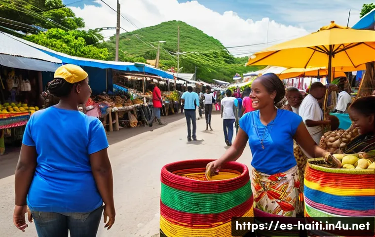 아이티의 현대 정치와 경제 전망 - **Vibrant Haitian Market & Entrepreneurship:** A bustling, open-air Haitian market scene, vibrant wi...