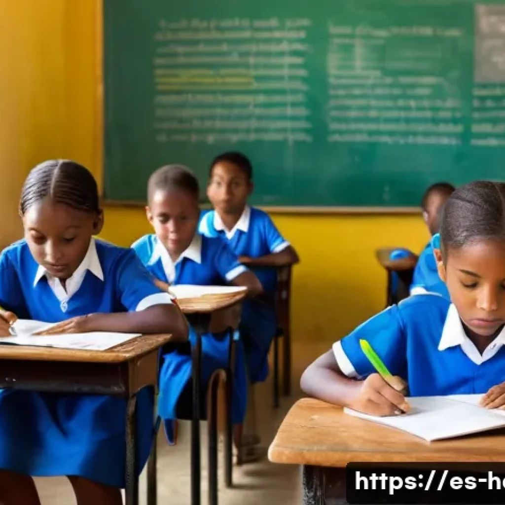 아이티의 사회적 문제와 이를 해결하기 위한 노력 - A rural Haitian classroom scene showing children wearing simple clothing and school uniforms, seated...