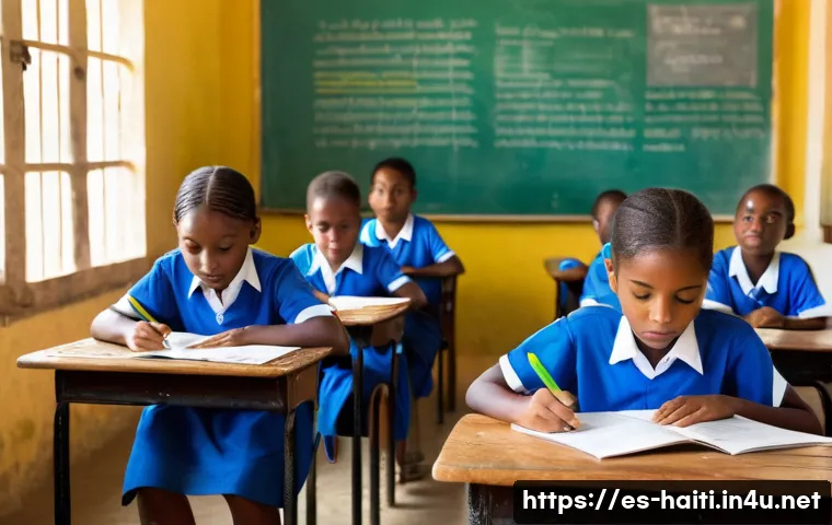 아이티의 사회적 문제와 이를 해결하기 위한 노력 - A rural Haitian classroom scene showing children wearing simple clothing and school uniforms, seated...