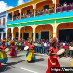 Home 21 아이티의 주요 기념일과 공휴일 - A vibrant street scene during the Haitian Carnival, featuring colorful traditional costumes with int...
