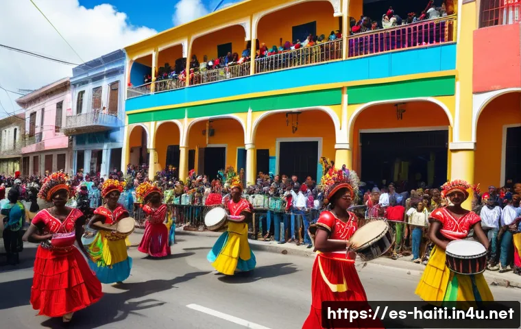 아이티의 주요 기념일과 공휴일 - A vibrant street scene during the Haitian Carnival, featuring colorful traditional costumes with int...