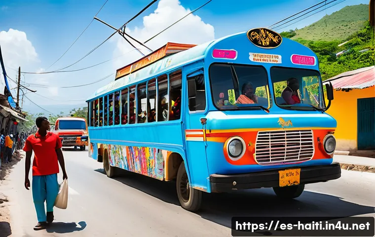 아이티에서 대중교통 이용법과 팁 - A vibrant Haitian tap tap bus decorated with bright colors, religious symbols, and local artwork, fi...