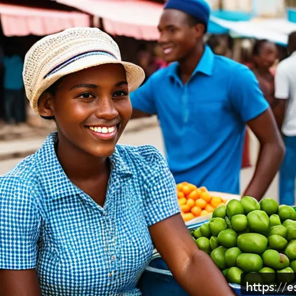 아이티에서 영어가 통하는 정도 - A vibrant urban street scene in Port-au-Prince, Haiti, showcasing a diverse group of young adults an...