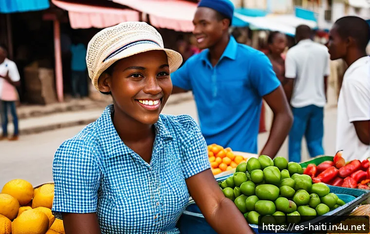 아이티에서 영어가 통하는 정도 - A vibrant urban street scene in Port-au-Prince, Haiti, showcasing a diverse group of young adults an...